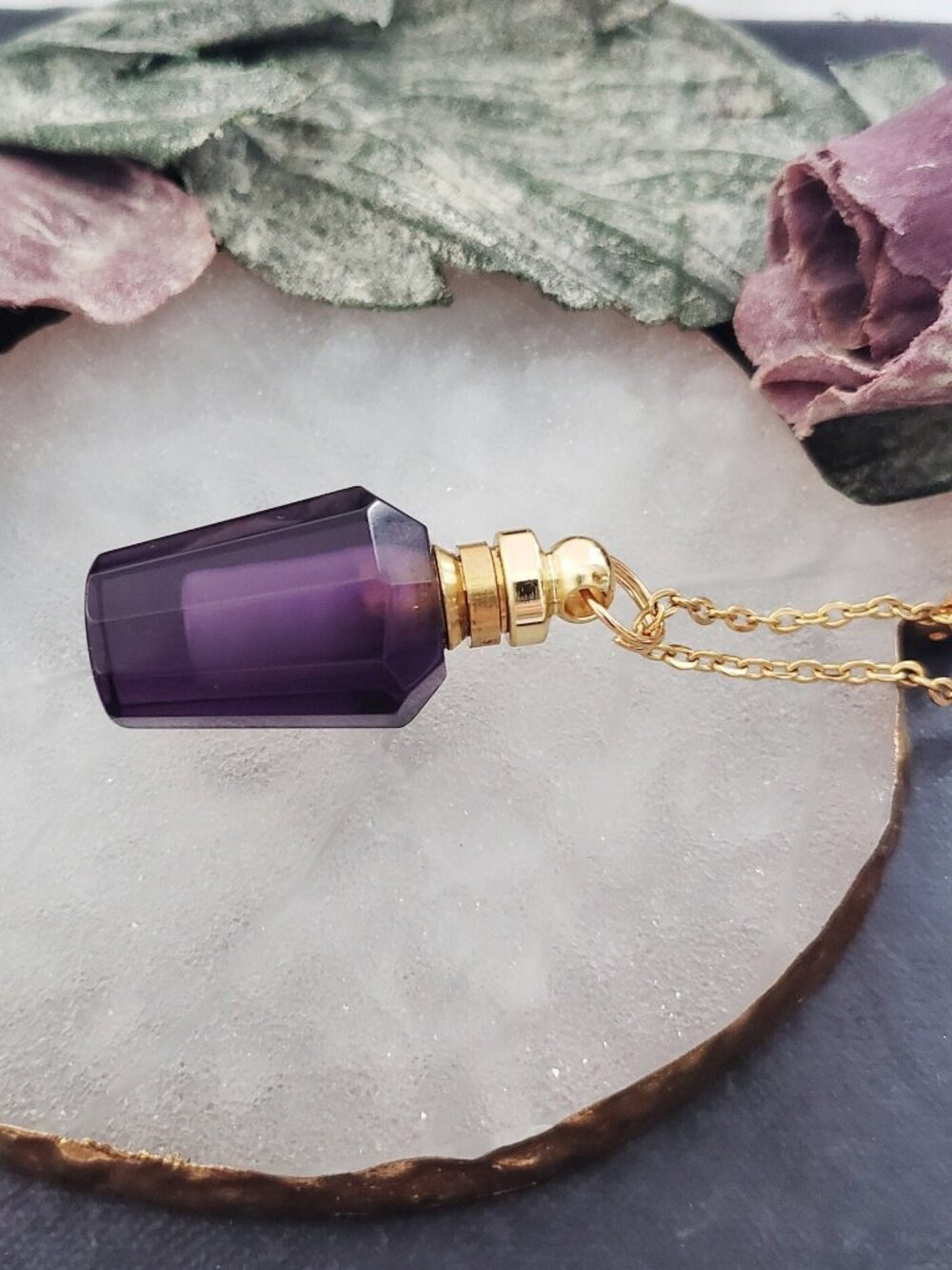 Purple Amethyst Quartz Glass Vial Perfume Necklace Gold Stainless Chain